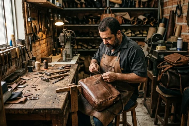 Bolsa de couro em processo de reforma, mostrando detalhes do trabalho.