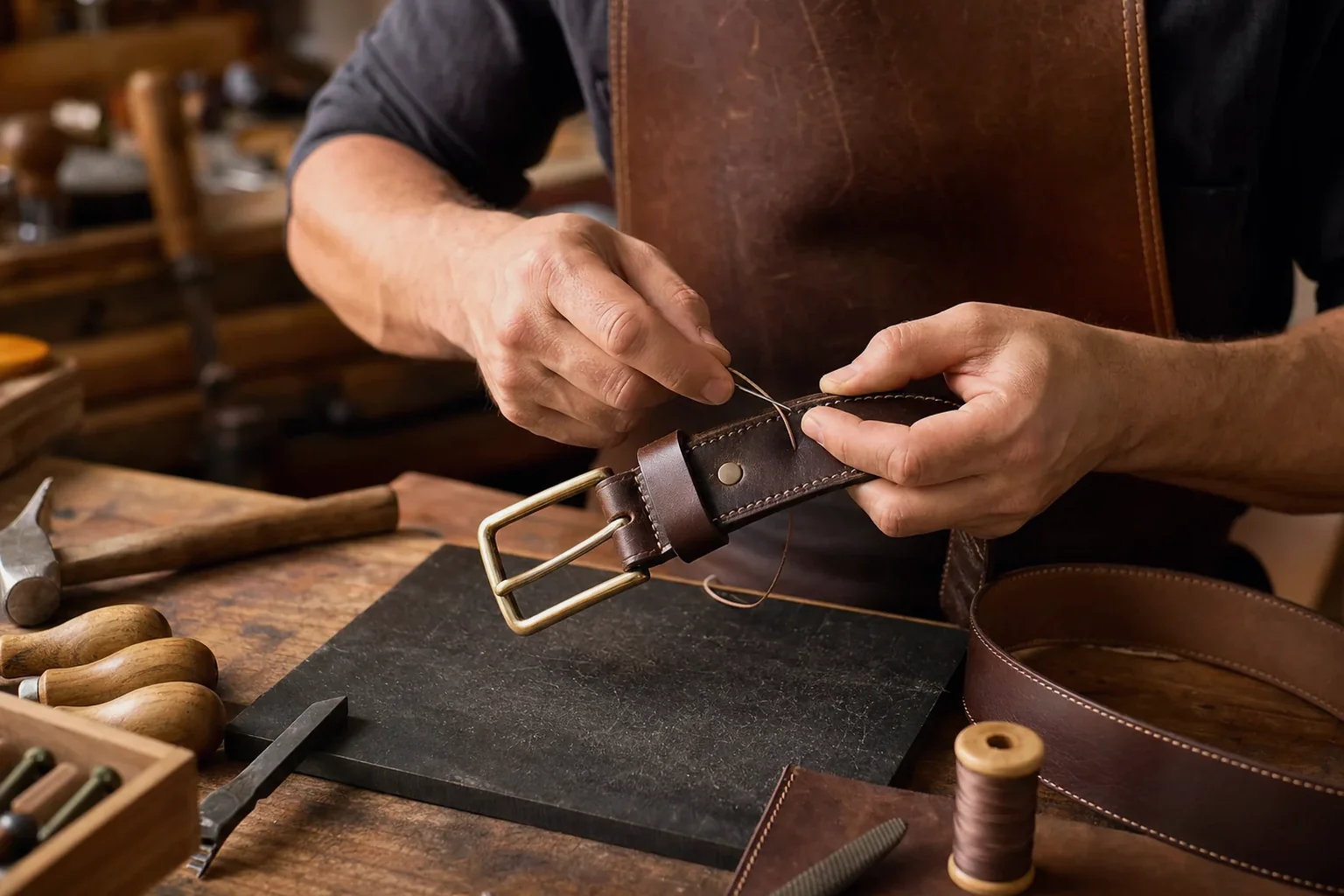 Profissional ajustando e reparando cinto de couro.
