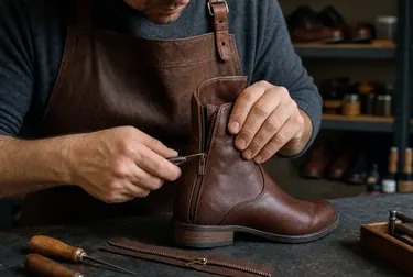 Profissional ajustando zíper de bota com ferramentas apropriadas.
