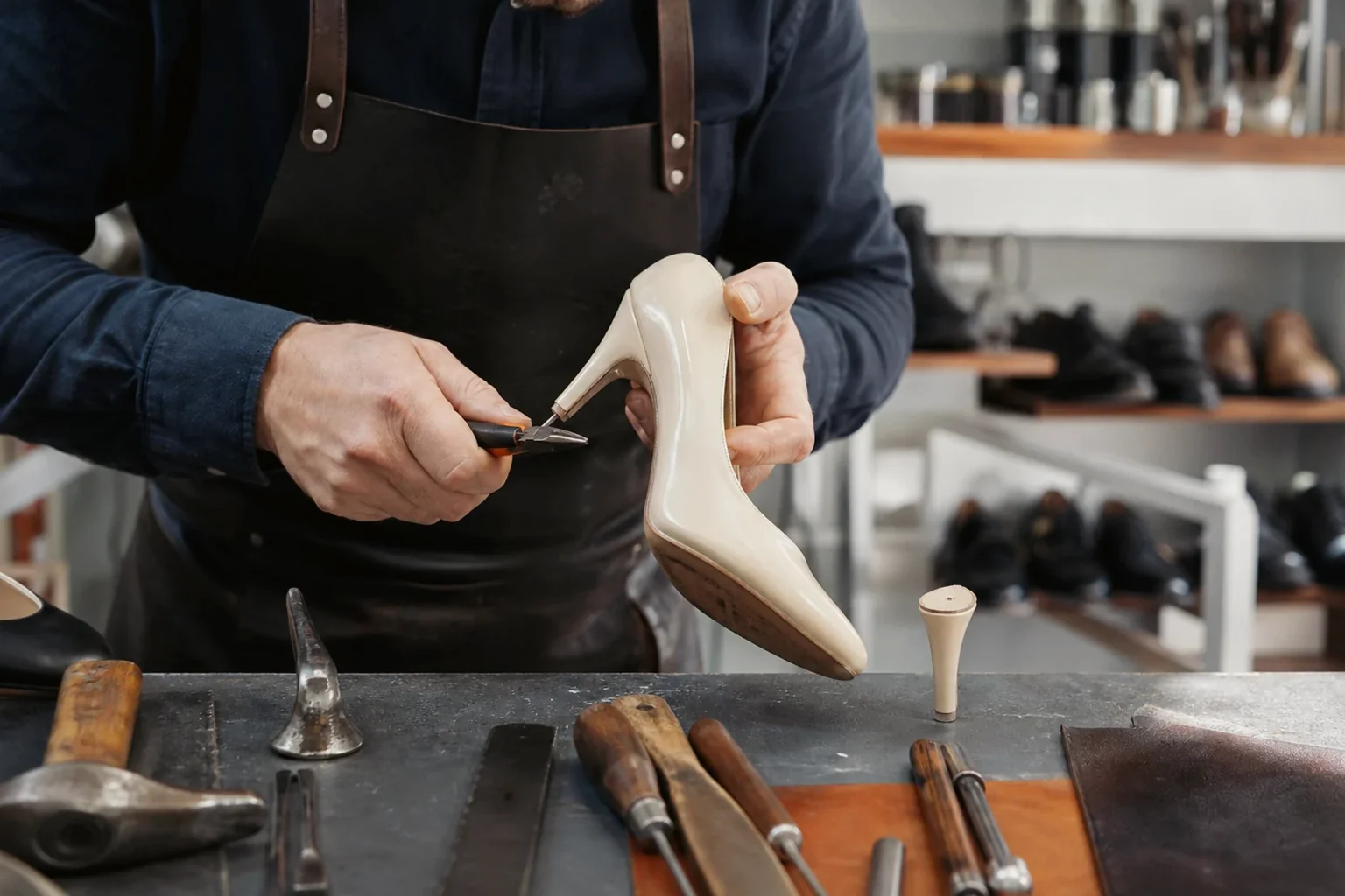Profissional efetuando a troca de salto de um sapato.