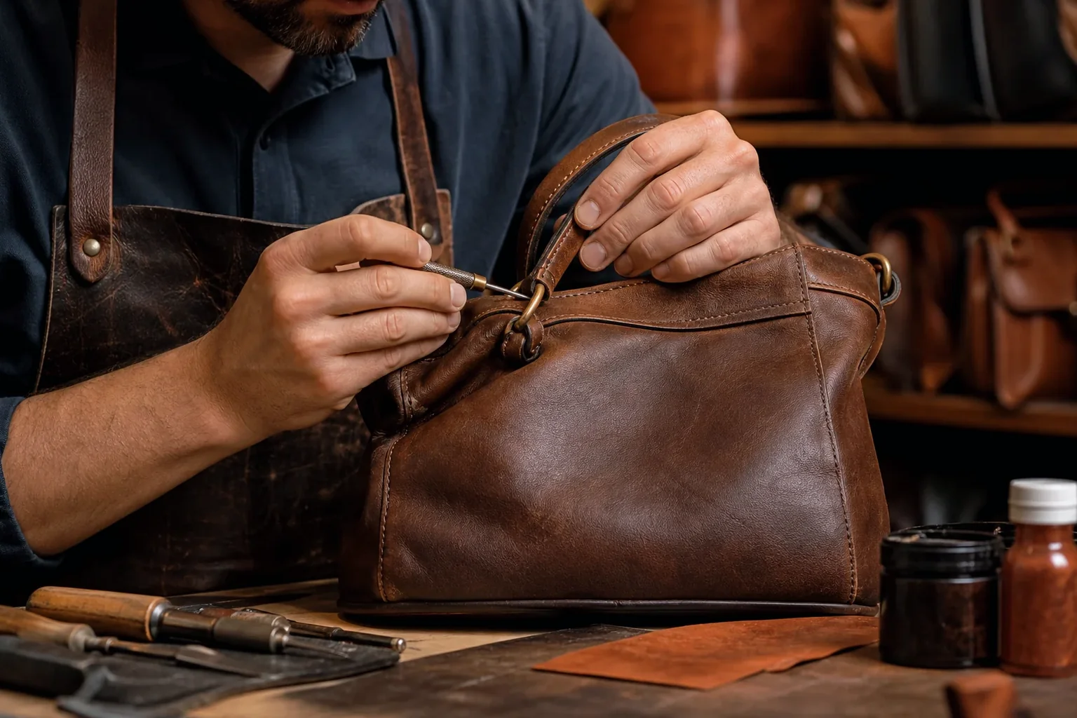 Profissional reconstruindo bolsa de couro com detalhes.