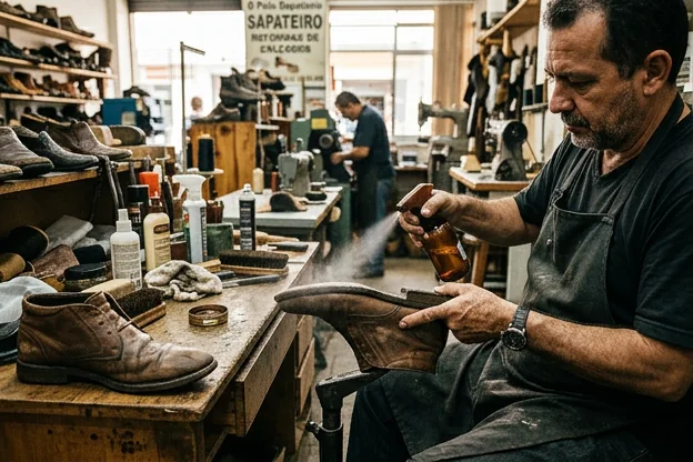 Sapato sendo tratado com produto impermeabilizante.