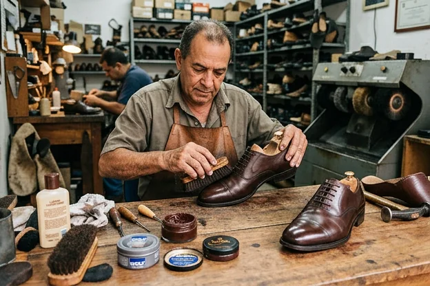 Sapatos sociais limpos e bem cuidados, preparados para uso.